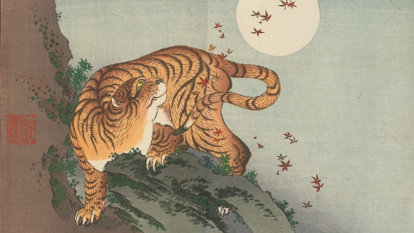 Japanese print of a mountain tiger looking at the moon