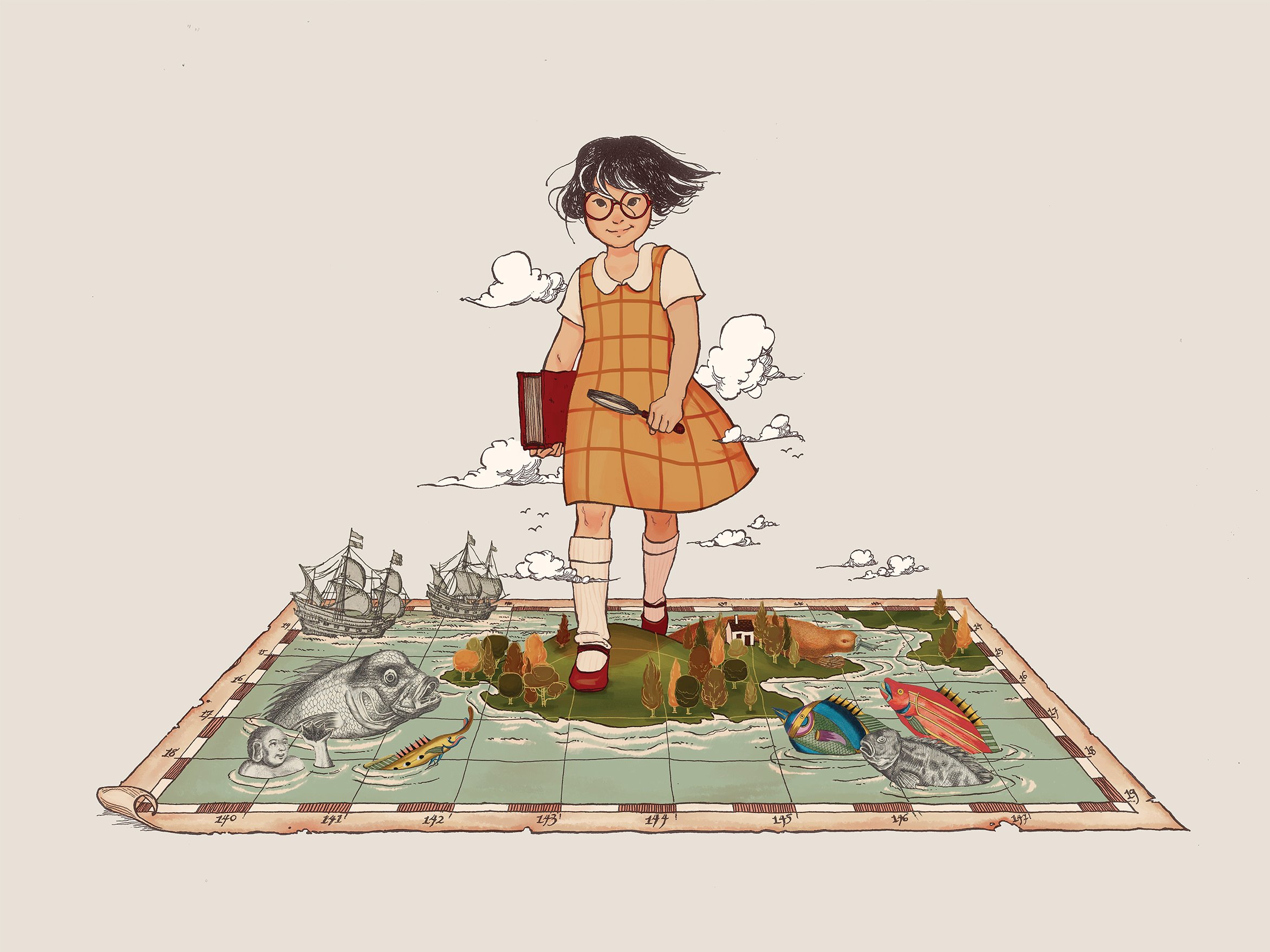 Collage of a cartoon girl walking on a map