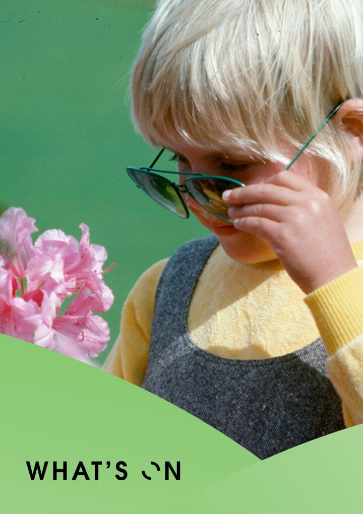 Green overlay with text 'what's on' on it. Behind overlay is photo of toddler wearing sunglasses and looking at a bunch of flowers