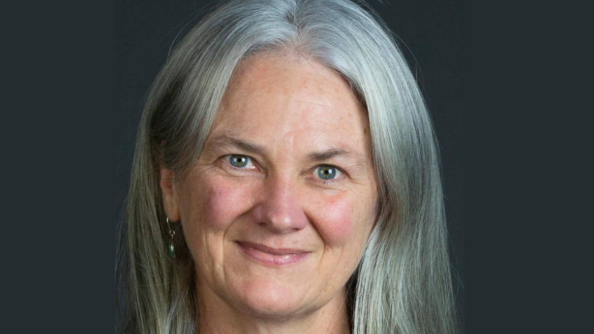 Woman with grey hair smiling at camera